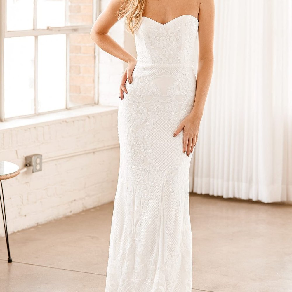 Lulu's Your Magical Day White Sequin Strapless Mermaid Maxi Dress, Size XL